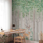 Papier peint Animaux de la forêt parmi les grands arbres.