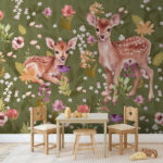 Papier peint Peinture d'un cerf avec des fleurs