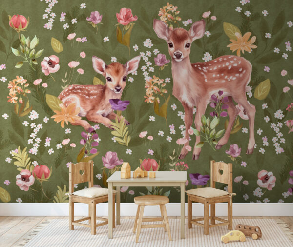 Peinture d'un cerf avec des fleurs Papier peint Peinture d'un cerf avec des fleurs