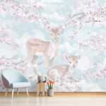 Papier peint Des fauves au milieu de fleurs aux teintes pastel