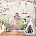 Papier peint Grange rose avec une poule dans la fenêtre
