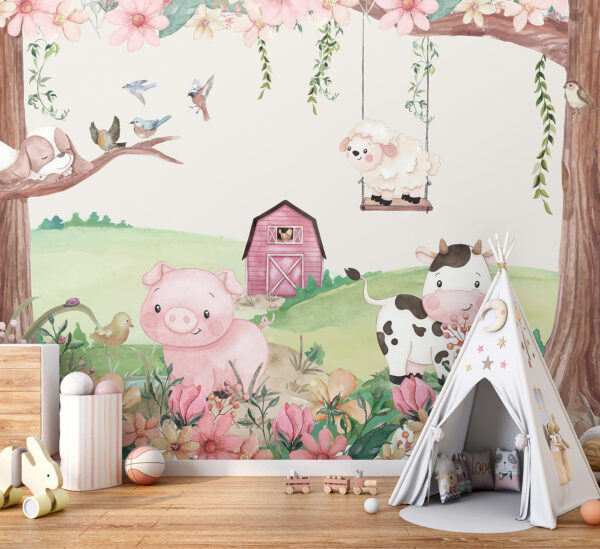 Grange rose avec une poule dans la fenêtre Papier peint Grange rose avec une poule dans la fenêtre