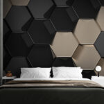 Papier peint Motif hexagonal en noir et beige.