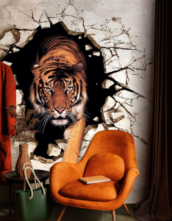 Tigre émergeant d'un mur fissuré Papier peint Tigre émergeant d'un mur fissuré