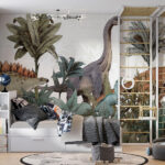 Papier peint Des dinosaures se promènent dans un feuillage luxuriant.