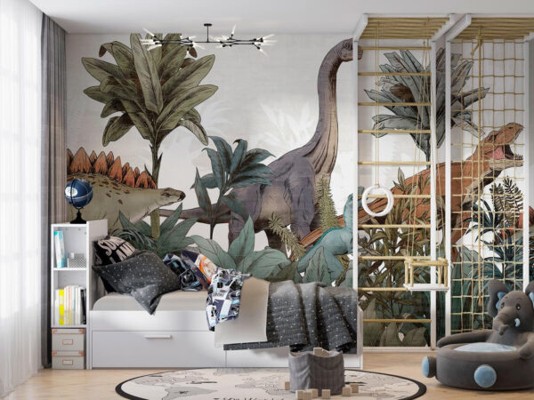 Des dinosaures se promènent dans un feuillage luxuriant Papier peint Des dinosaures se promènent dans un feuillage luxuriant