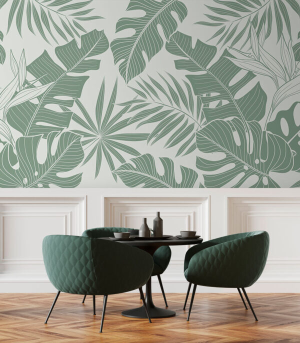 Motif de feuilles tropicales, tons verts doux Papier peint Motif de feuilles tropicales, tons verts doux