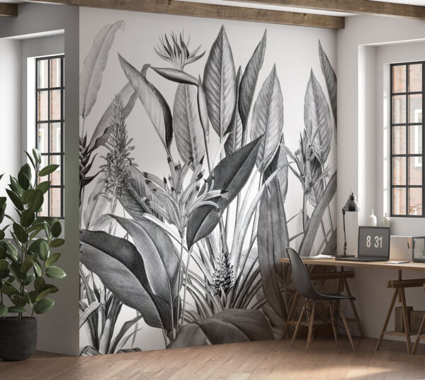 Illustration monochrome de feuilles tropicales Papier peint Illustration monochrome de feuilles tropicales