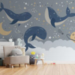 Papier peint Baleine bleue avec queue blanche et étoiles