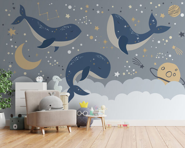 Baleine bleue avec queue blanche et étoiles Papier peint Baleine bleue avec queue blanche et étoiles