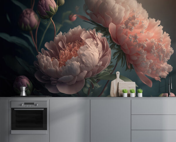Pivoines en fleurs sous une lumière douce Papier peint Pivoines en fleurs sous une lumière douce