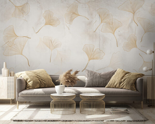 Papier peint Des feuilles délicates dansent sur une toile pâle