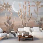 Papier peint Paysage désertique avec cactus et palmiers