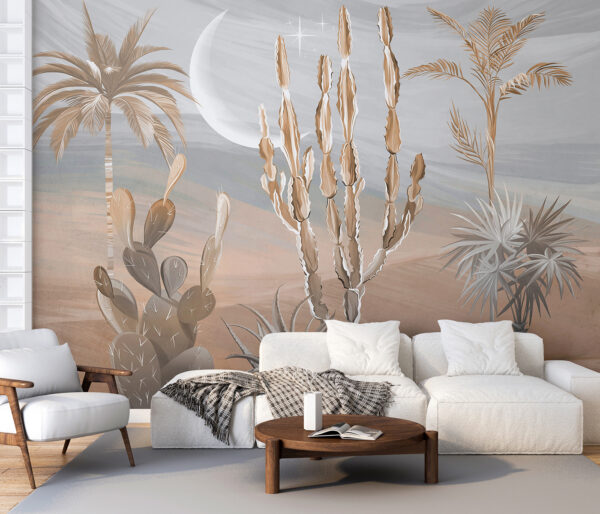Paysage désertique avec cactus et palmiers Papier peint Paysage désertique avec cactus et palmiers