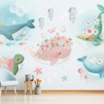 Papier peint Baleine rose avec des fleurs sur la tête