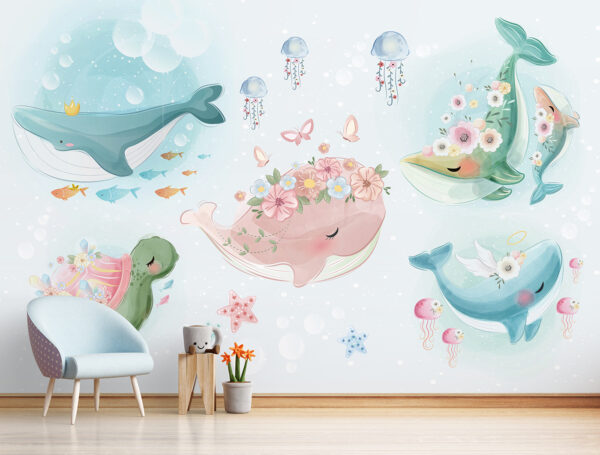 Baleine rose avec des fleurs sur la tête Papier peint Baleine rose avec des fleurs sur la tête