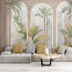 Papier peint Fenêtres cintrées avec plantes tropicales