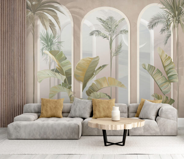 Fenêtres cintrées avec plantes tropicales Papier peint Fenêtres cintrées avec plantes tropicales