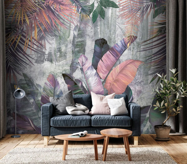 Papier peint Feuilles tropicales colorées contre un mur