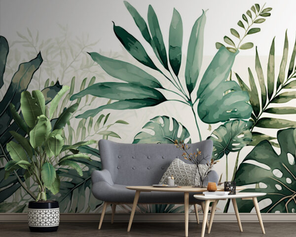 Illustration de feuilles tropicales en vert Papier peint Illustration de feuilles tropicales en vert