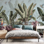Papier peint Papier peint avec des plantes tropicales et des oiseaux