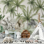 Papier peint Animaux de la jungle sous les palmiers.