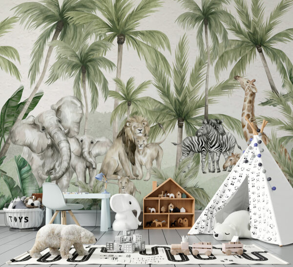 Animaux de la jungle sous les palmiers Papier peint Animaux de la jungle sous les palmiers