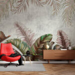 Papier peint Feuilles tropicales aux teintes pastel.