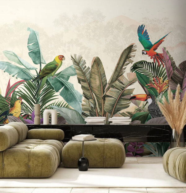 Paradis tropical avec des oiseaux dynamiques Papier peint Paradis tropical avec des oiseaux dynamiques