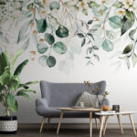 Papier peint Aquarelle botanique, verdure et fleurs.
