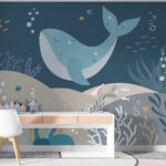 Papier peint Baleine bleue avec étoiles et poissons