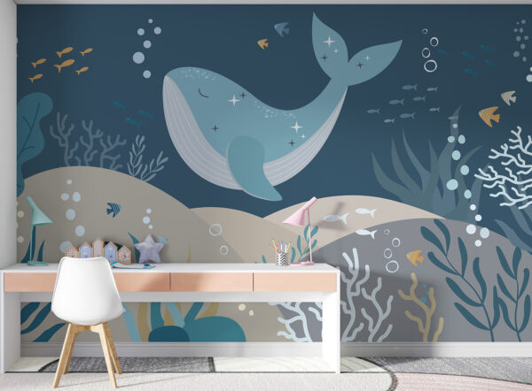Baleine bleue avec étoiles et poissons Papier peint Baleine bleue avec étoiles et poissons