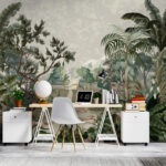 Papier peint Scène de jungle tropicale luxuriante avec chute d'eau.