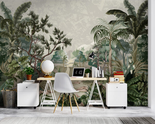 Papier peint Papier peint Scène de jungle tropicale luxuriante avec chute d'eau (UGS : u95915)