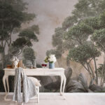 Papier peint Des arbres luxuriants dans un paysage paisible.