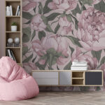 Papier peint Motif floral vintage de pivoines roses.