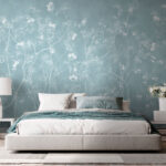 Papier peint Fleurs blanches sur fond bleu