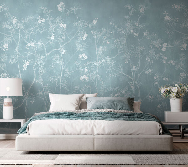 Fleurs blanches sur fond bleu Papier peint Fleurs blanches sur fond bleu
