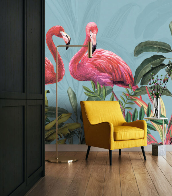 Flamants tropicaux parmi un feuillage luxuriant Papier peint Flamants tropicaux parmi un feuillage luxuriant