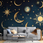 Papier peint Lune et étoiles sur fond bleu