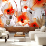 Papier peint Fleurs translucides avec un centre orange vibrant.