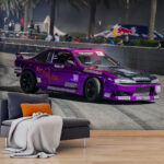 Papier peint Une voiture violette dérive sur la piste