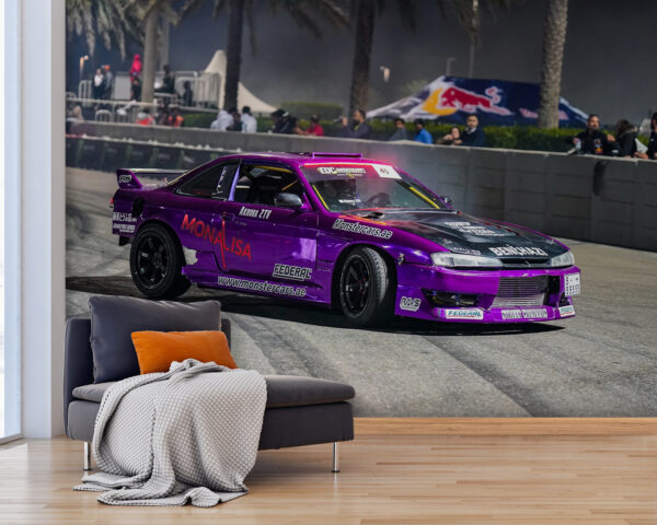 Une voiture violette dérive sur la piste Papier peint Une voiture violette dérive sur la piste