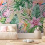 Papier peint Motif de feuilles et de fleurs tropicales