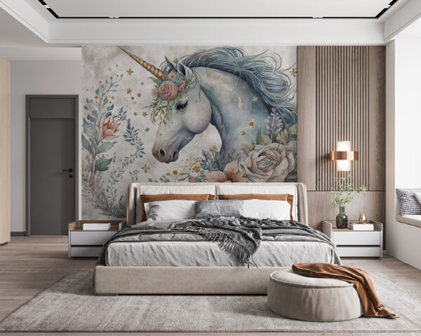 Papier peint Papier peint Licorne enchanteresse ornée de fleurs (UGS : u95404)