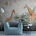 Papier peint Girafe debout devant des feuilles
