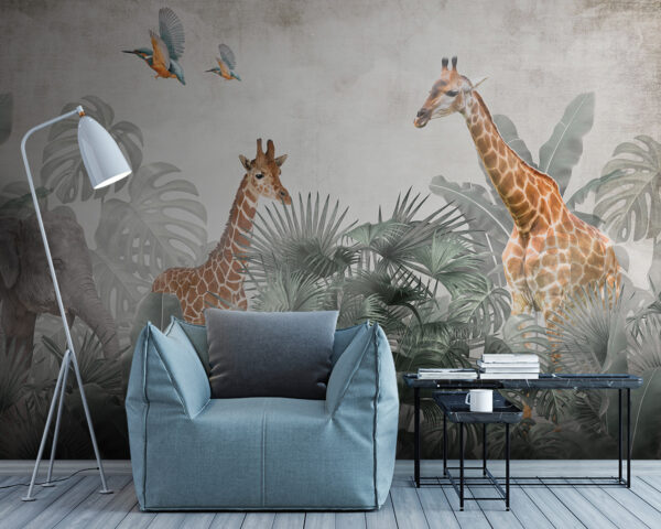 Girafe debout devant des feuilles Papier peint Girafe debout devant des feuilles