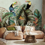 Papier peint Toucans perchés parmi les feuilles tropicales.
