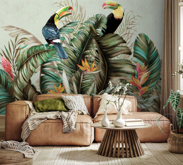 Papier peint Toucans perchés parmi les feuilles tropicales (UGS : u95256) Papier peint Papier peint Toucans perchés parmi les feuilles tropicales (UGS : u95256)