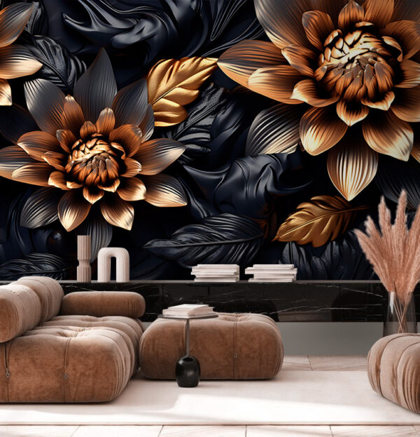 Fleurs métalliques avec feuilles sombres Papier peint Fleurs métalliques avec feuilles sombres